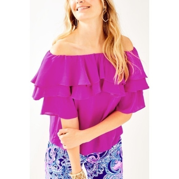 Lilly Pulitzer Haylee of the Shoulder Satin Ruffle Top in Wine Spritzer - Picture 1 of 9